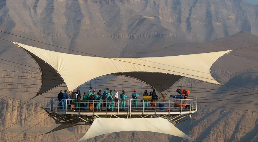 Tourists preparing for Jebel Jais Zipline at Jais Adventure Peak in Ras Al Khaimah, UAE