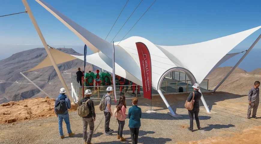 Zipline riders gearing up at Jebel Jais launch platform