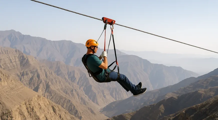 Person ziplining between steep cliffs over a vast mountain valley