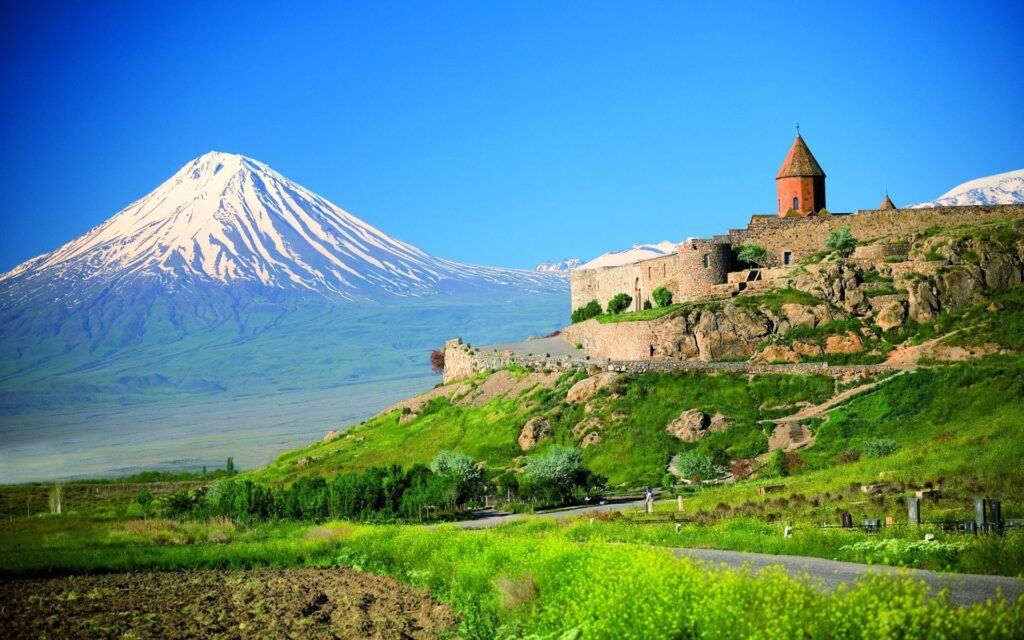 Armenian fortress against the backdrop of Mount Ararat