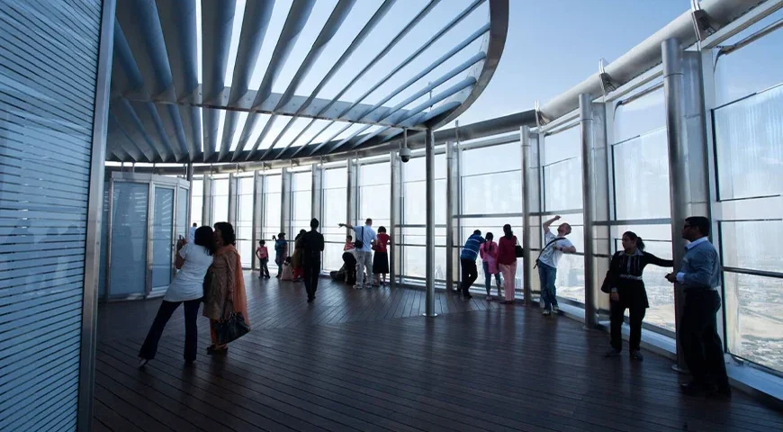 Dubai skyline view from Burj Khalifa Observation Deck during sunset