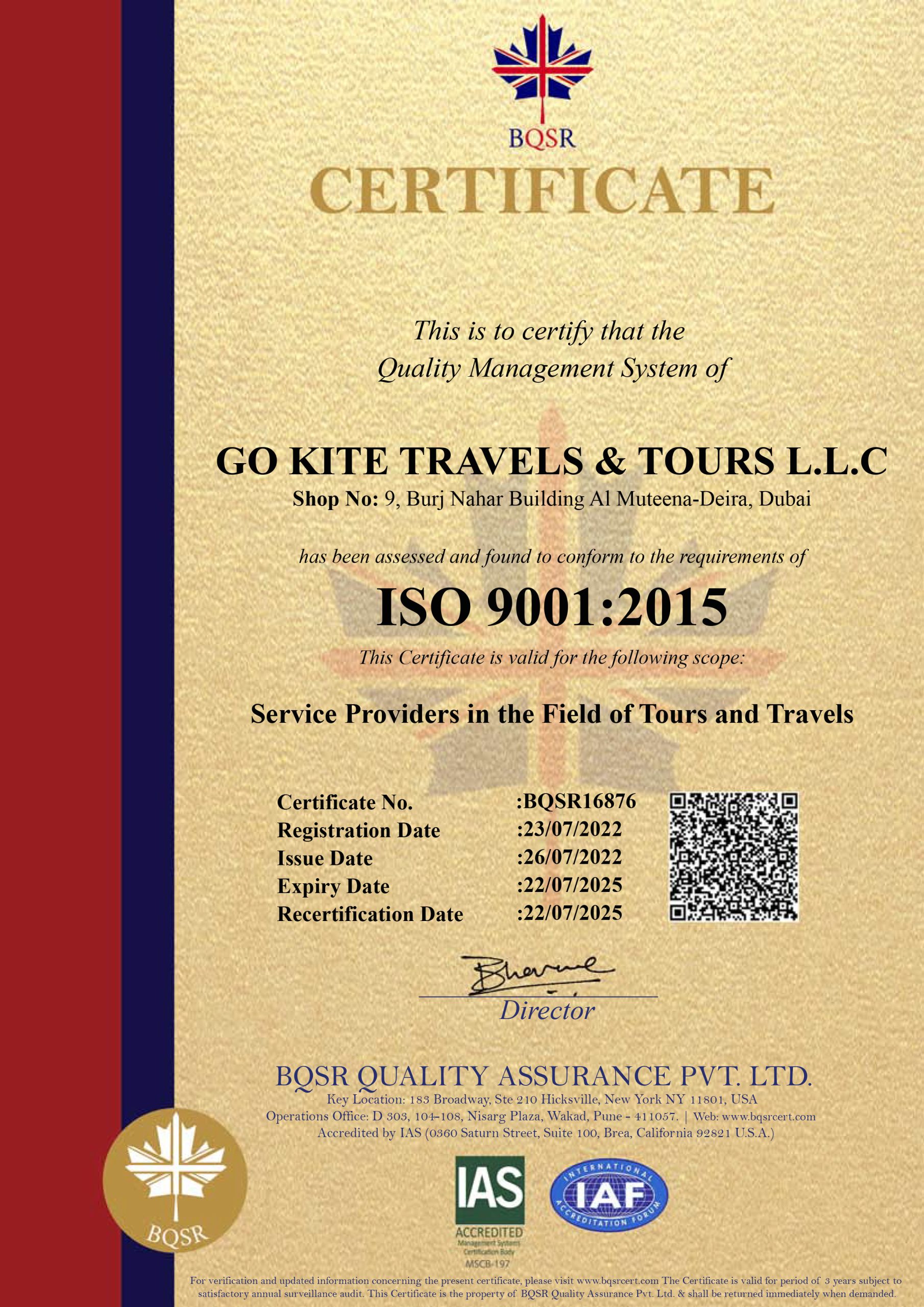 ISO 9001:2015 Certificate - Go Kite Travel