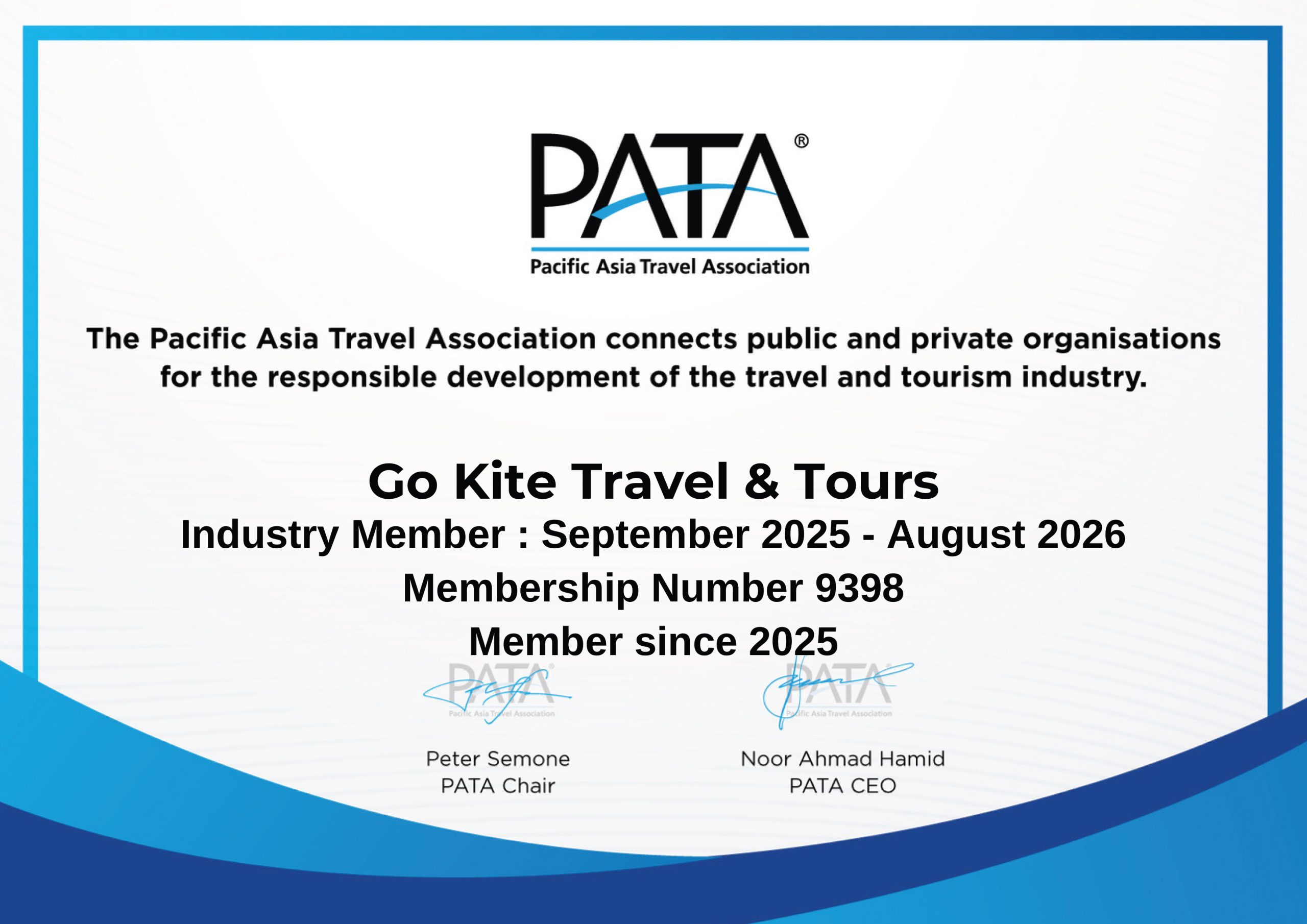 PATA Membership Certificate - Go Kite Travel