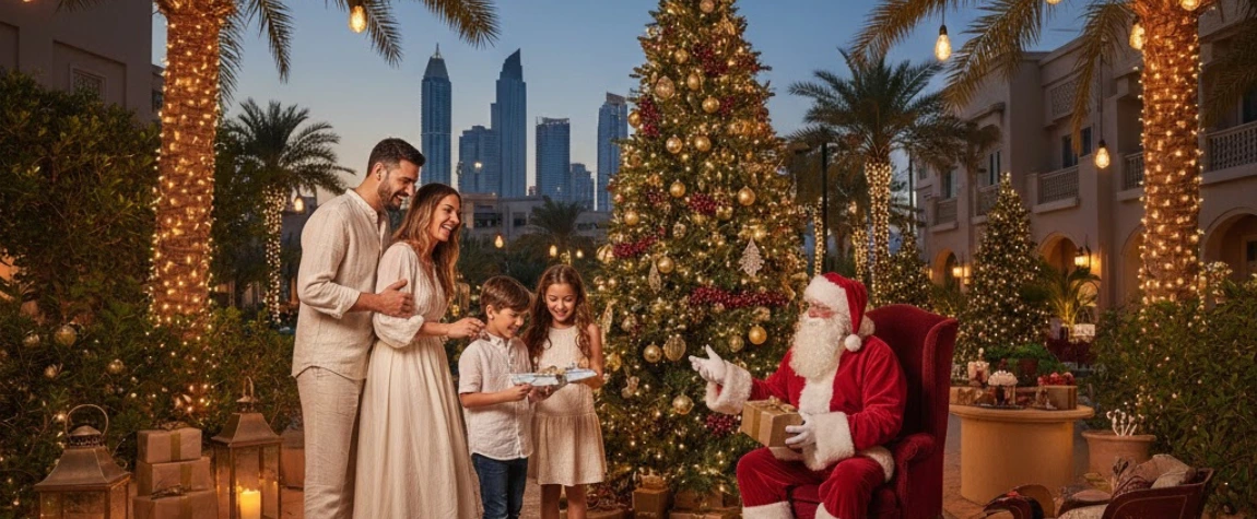 Santa giving gifts to children outdoors with the Dubai skyline in the background, highlighting the unique Family-friendly Christmas activities Dubai provides during winter