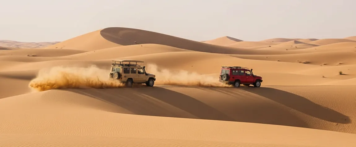 Two 4x4 SUVs dune bashing across the golden sands, showcasing one of the most thrilling Family-friendly Christmas activities Dubai offers during the cool winter months