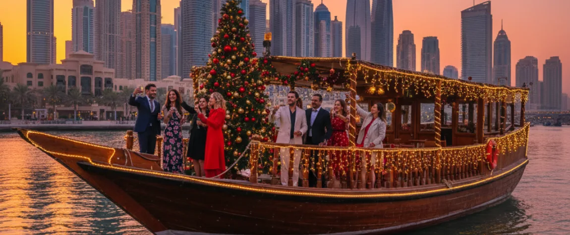 A traditional dhow boat decorated with twinkling lights and a Christmas tree sailing at sunset, showcasing relaxing Family-friendly Christmas activities Dubai offers