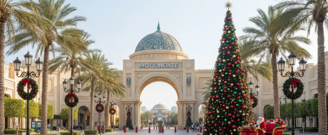 Large Christmas tree and holiday decorations amidst palm trees at Motiongate theme park, a top destination for Family-friendly Christmas activities Dubai