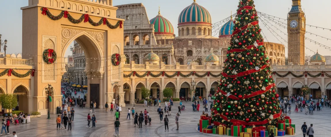 A scenic view of Global Village decorated for the holidays with world landmarks in the background, representing the unique Family-friendly Christmas activities Dubai provides for travelers