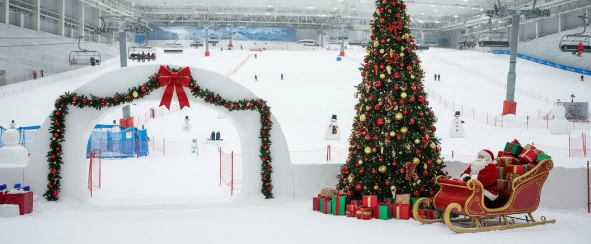 Festive archway with a red bow and a sleigh filled with gifts on the snow at Ski Dubai, setting the scene for Family-friendly Christmas activities Dubai
