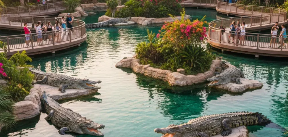 Experience Dubai Crocodile Park with this scenic view of crocodiles in their natural habitat, lush greenery, and visitors on wooden walkways – perfect for those looking for Dubai Crocodile Park Tickets and a wildlife adventure