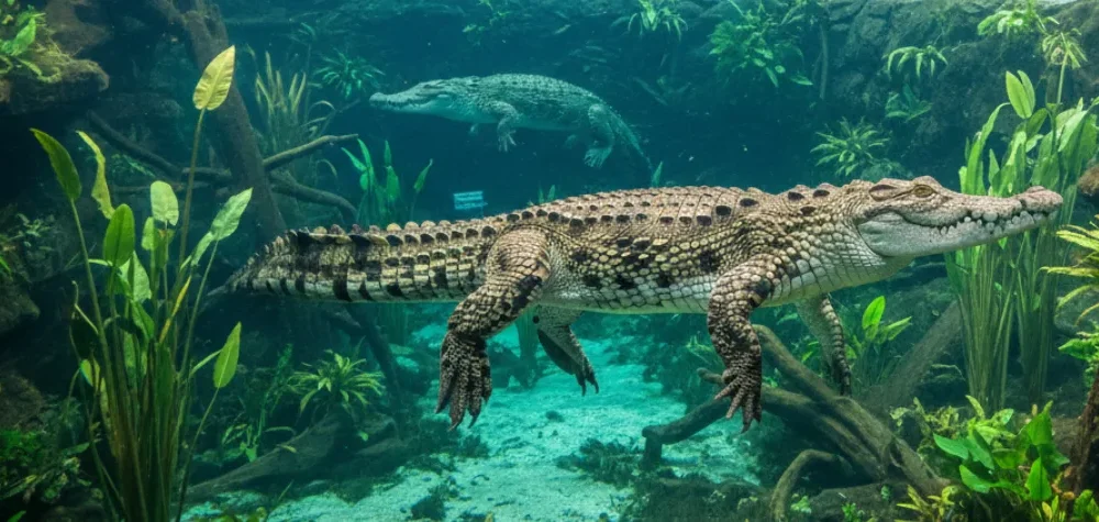 Underwater view of a large crocodile swimming gracefully in a clear aquarium with lush green plants, and another crocodile in the background – a scene you can experience with Dubai Crocodile Park Tickets