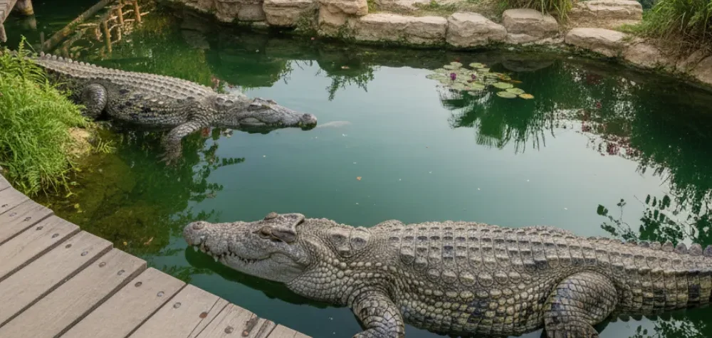 Two large crocodiles resting in calm green water next to a wooden walkway, showcasing the close-up wildlife experience available with Dubai Crocodile Park Tickets.