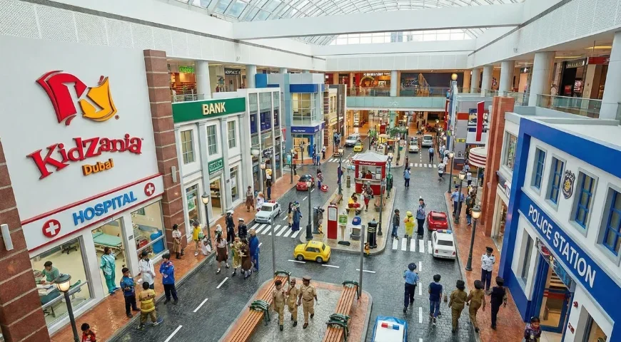 Inside KidZania Dubai Mall showing child-sized city with hospital, bank and police station